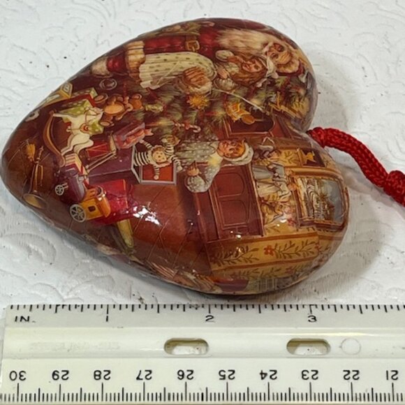 VTG Christmas Paper Mache Heart Santa Toys Children Holiday Ornament 3.5" - Picture 8 of 9